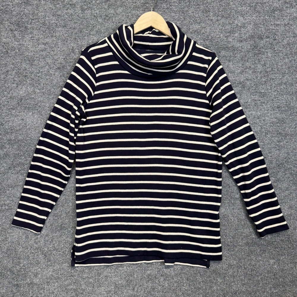 L.L. Bean Sz Large Blue Cowl Neck Top Blue White Striped Cotton Ribbed Nautical